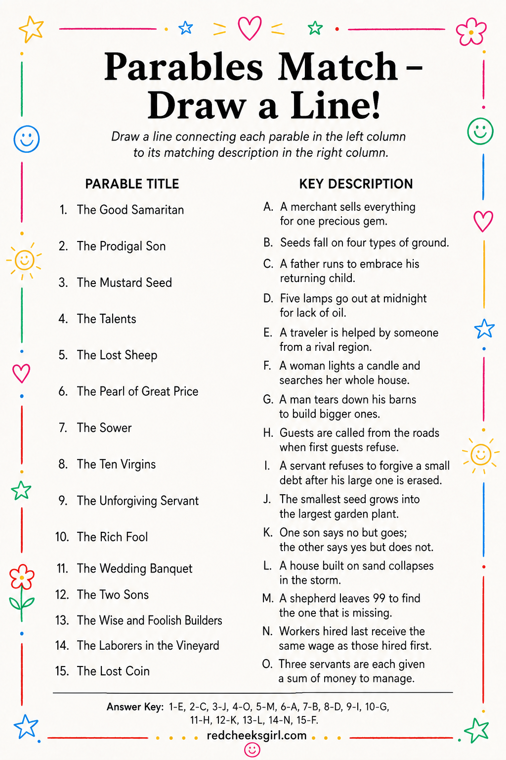 Parables Match Sheet printable