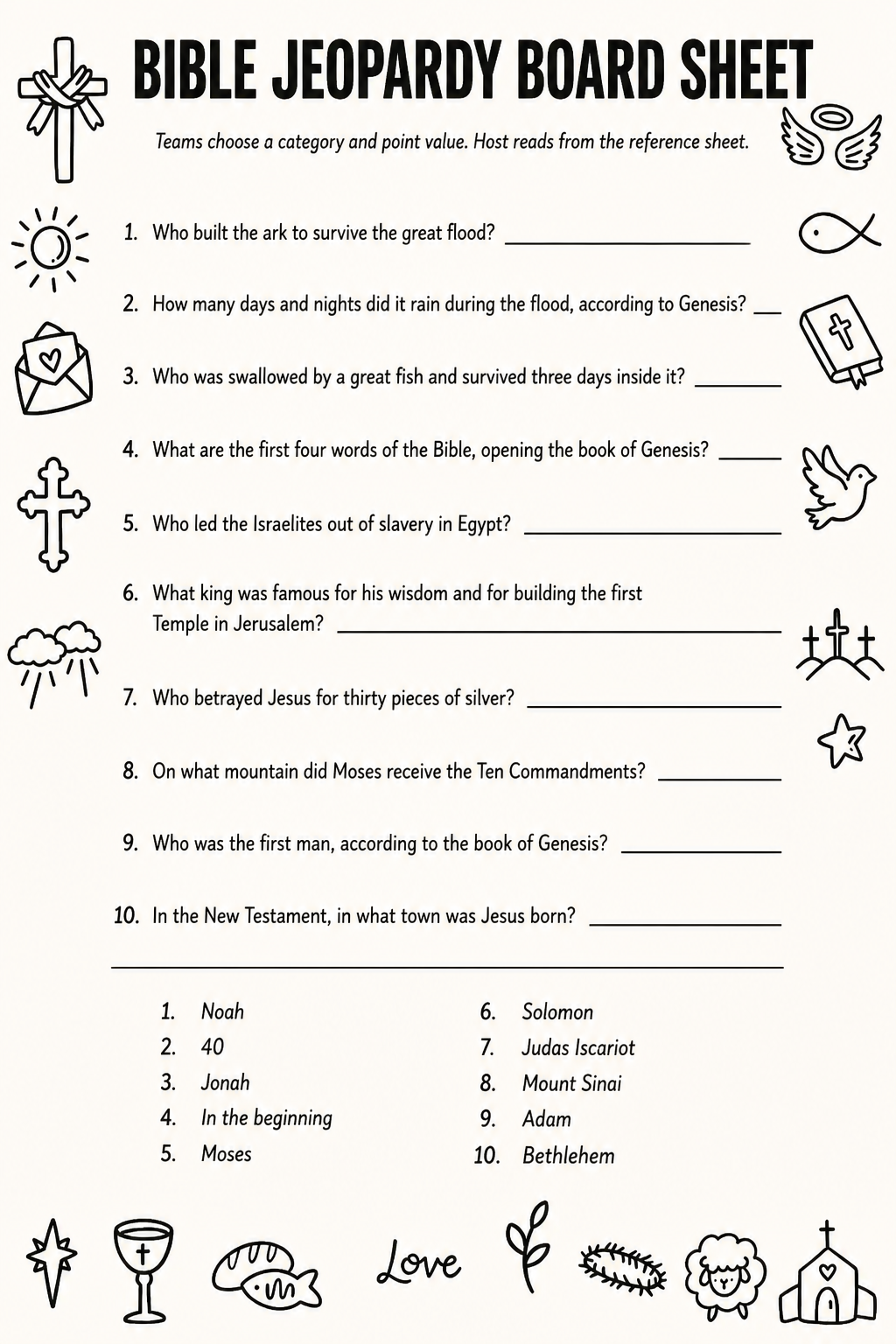 Bible Jeopardy Board Sheet printable