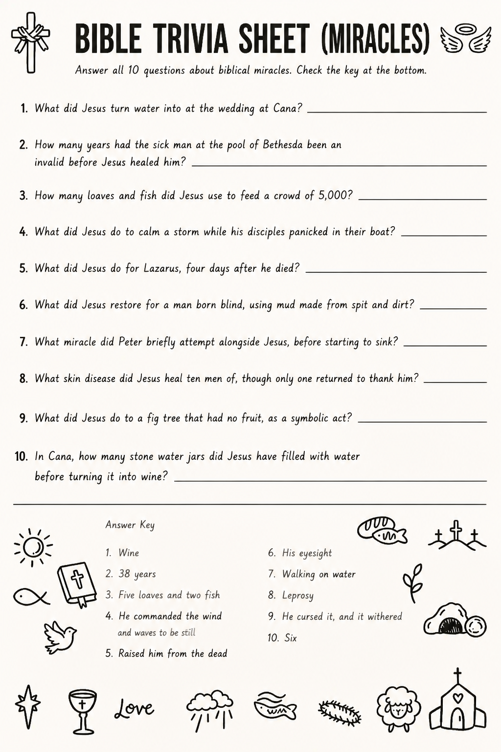 Bible Trivia Sheet (Miracles) printable