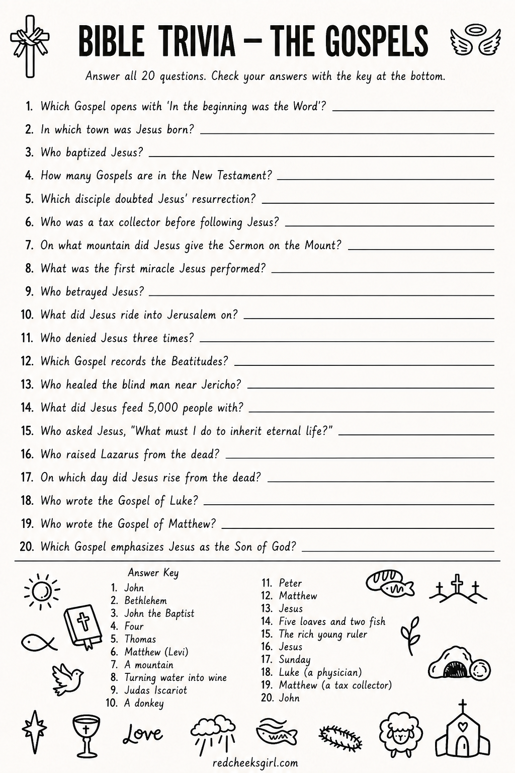 Bible Trivia Sheet (Gospels) printable