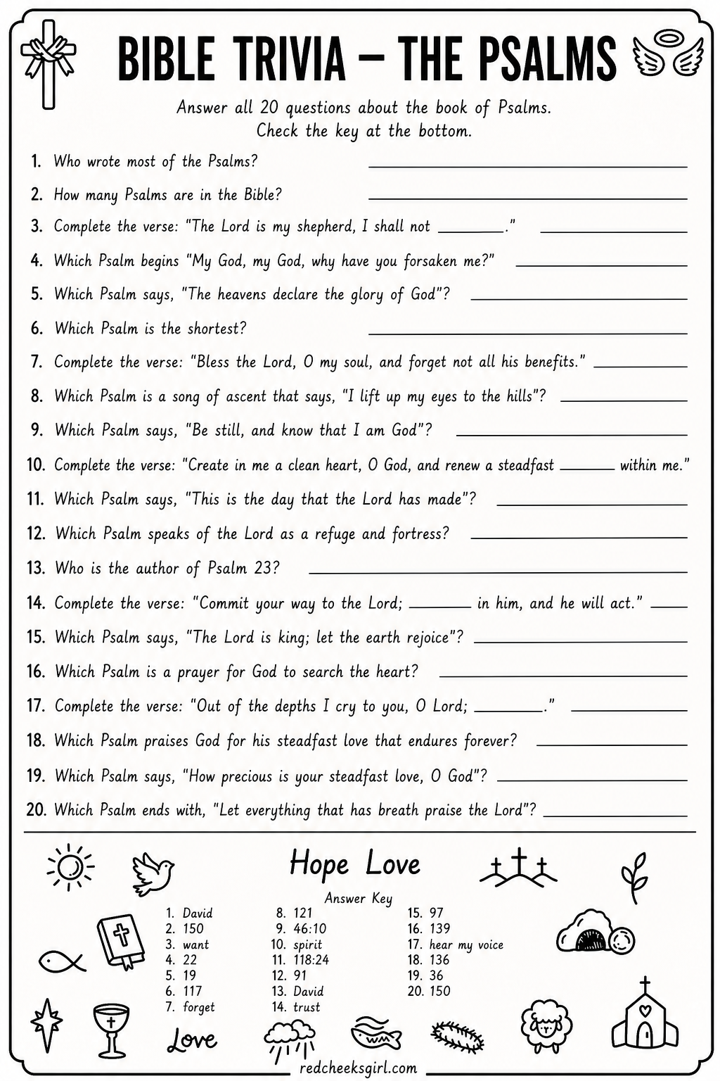 Bible Trivia Sheet (Psalms) printable