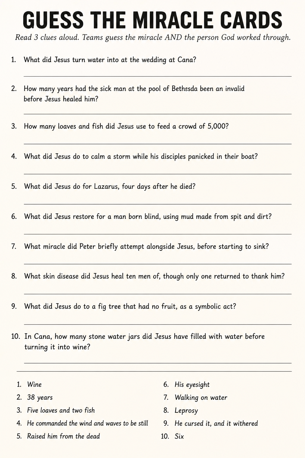 Guess the Miracle Cards printable