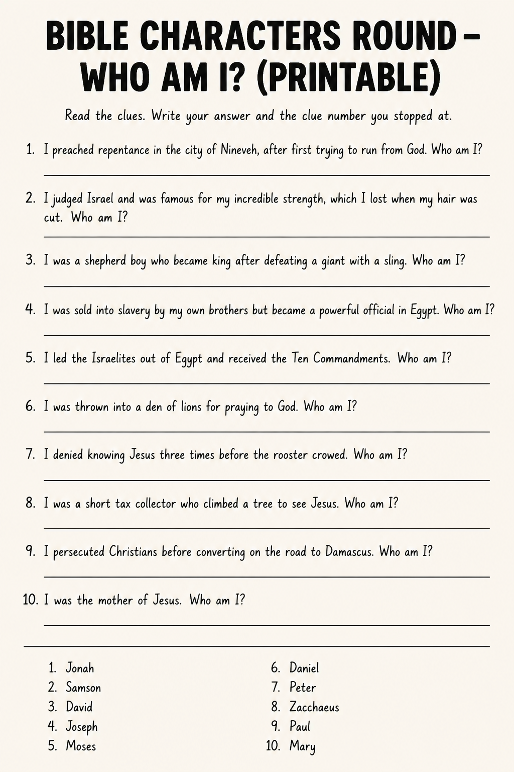 Bible Characters Round – Who Am I? (Printable) printable