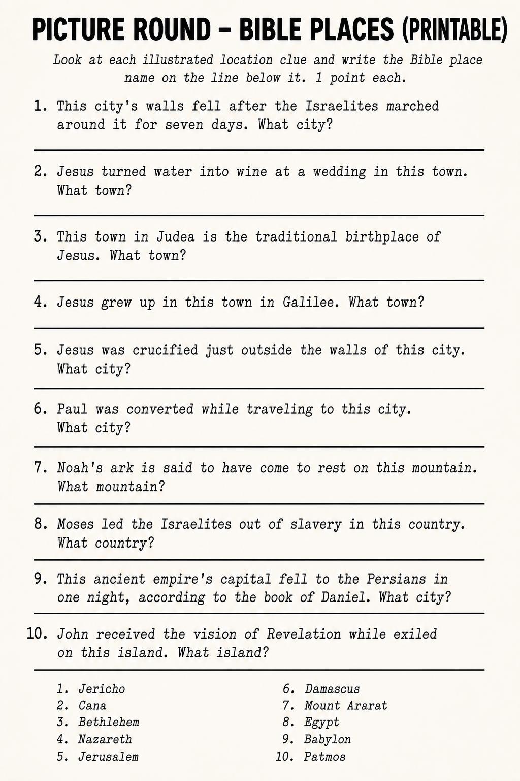 Picture Round – Bible Places (Printable) printable