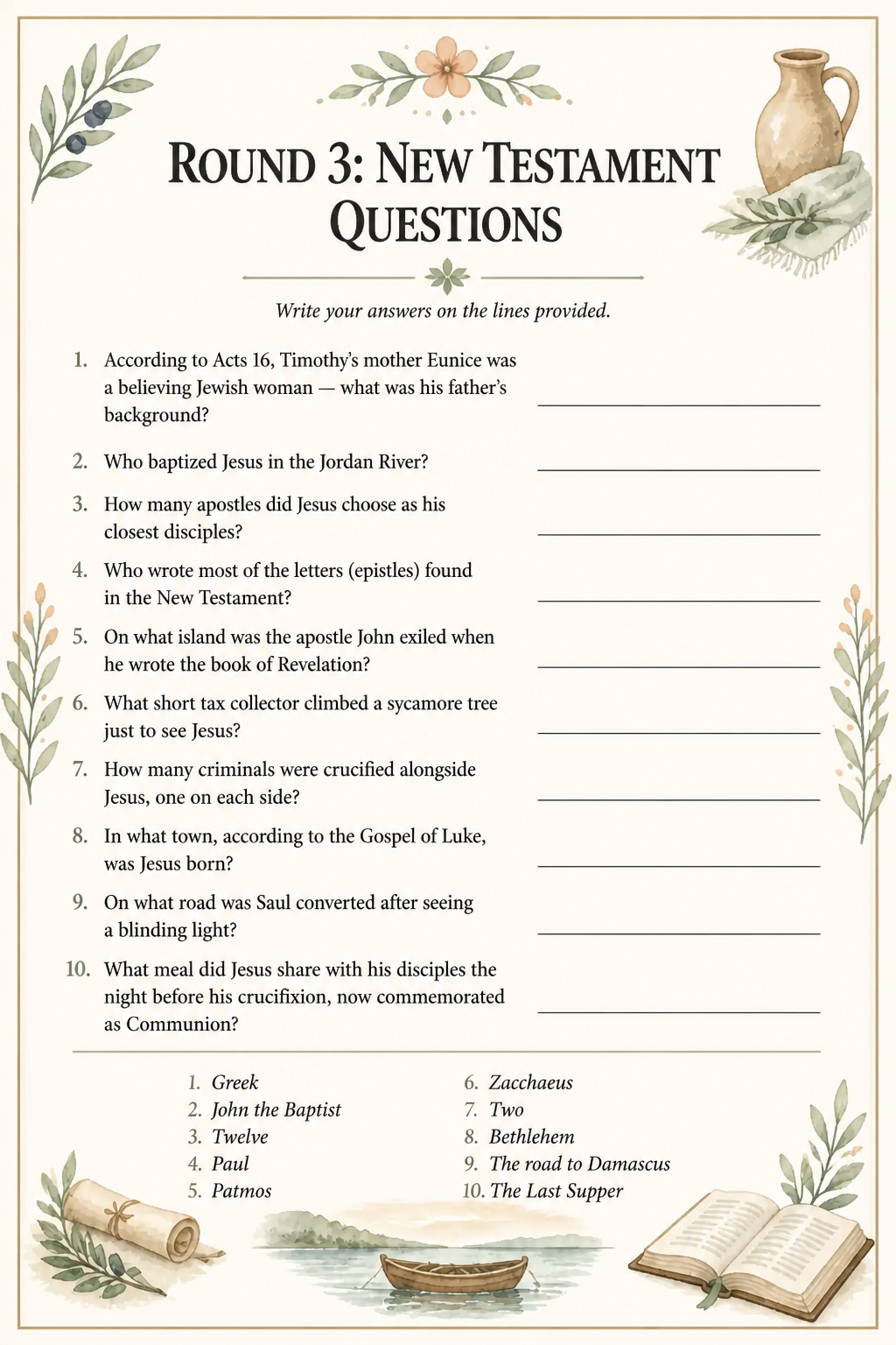 Round 3 New Testament Question Sheet printable
