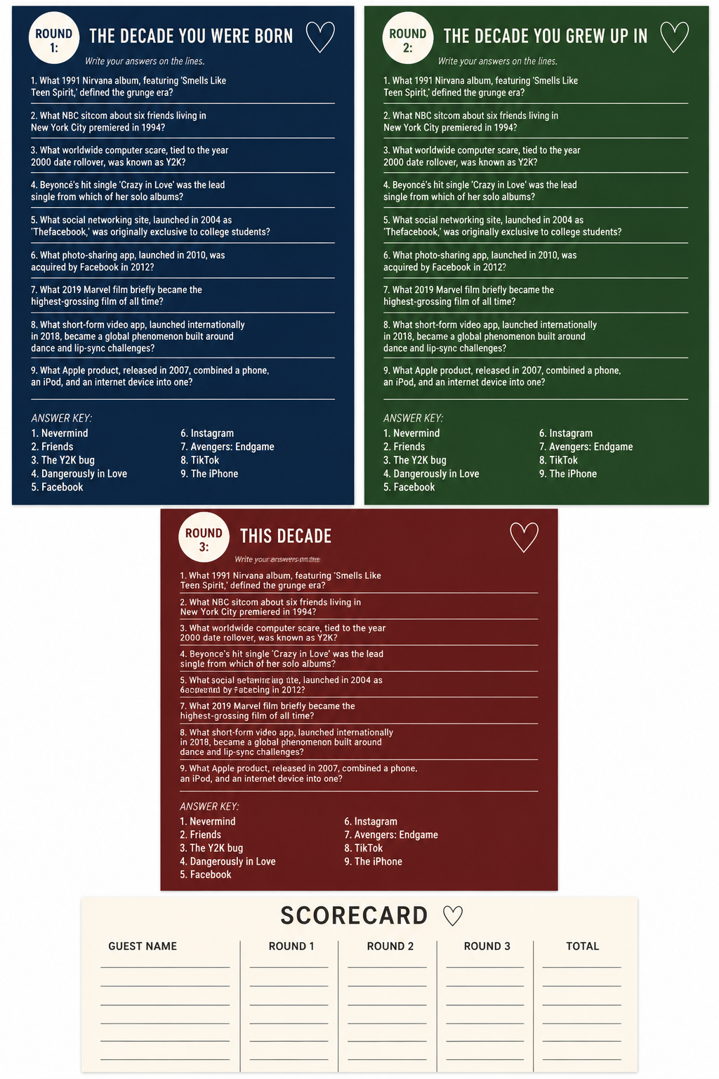 The Decade Quiz in Three Rounds (3 Quiz Sheets + Scorecard) printable