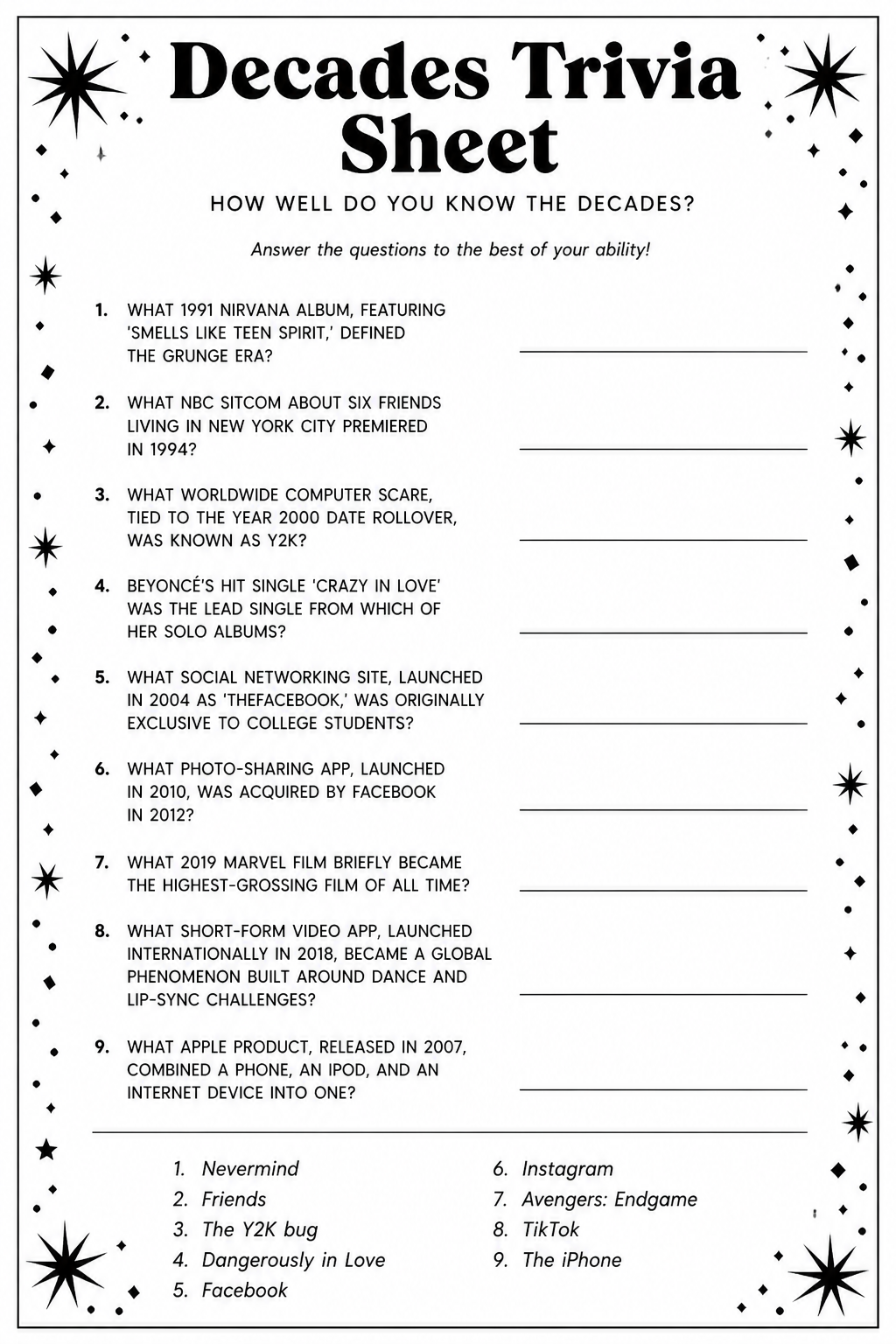 Decades Trivia Sheet printable