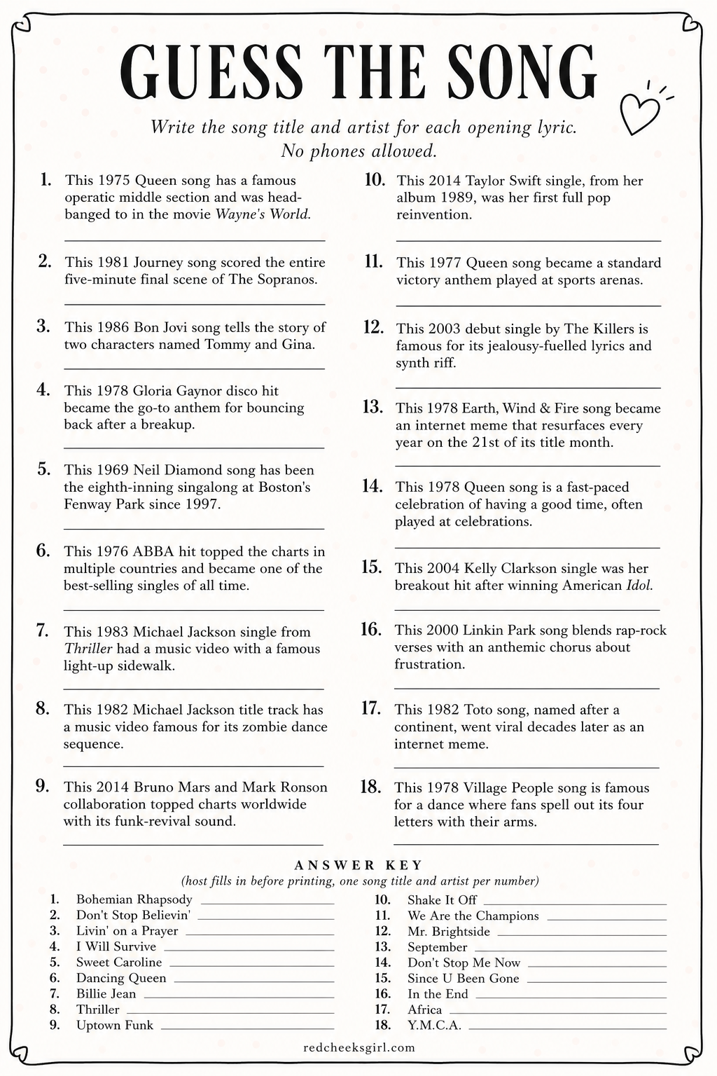 Guess the Song From the First Line printable