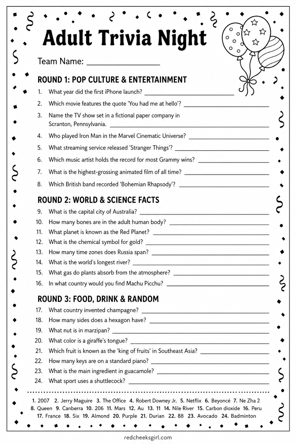Adult Trivia Night printable