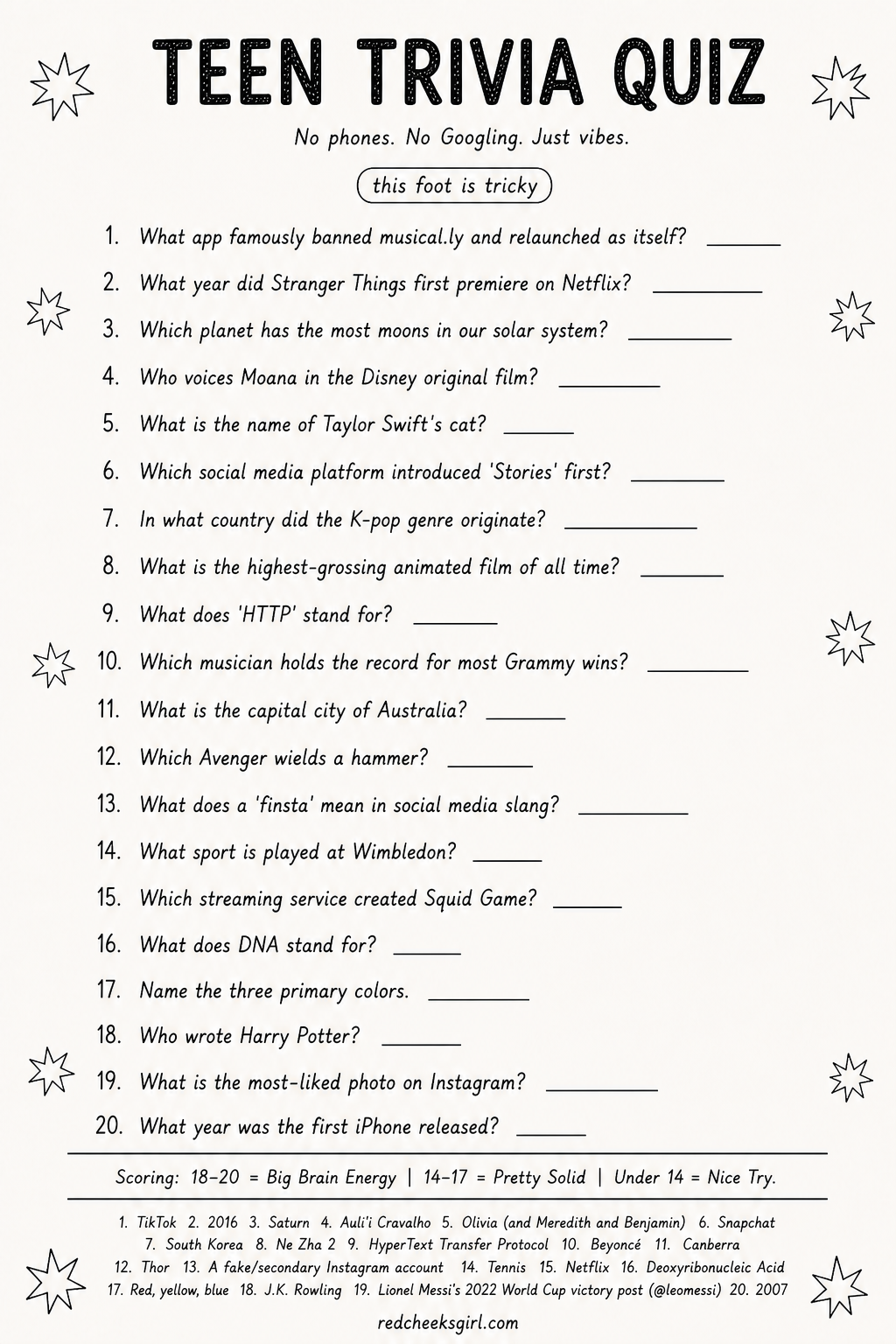 Teen Trivia Quiz printable
