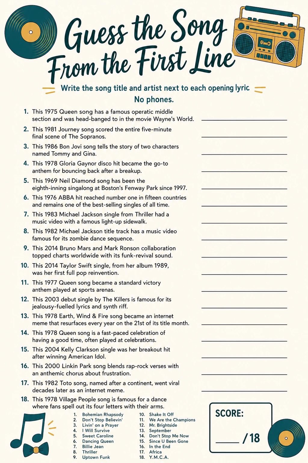 Guess the Song From the First Line printable
