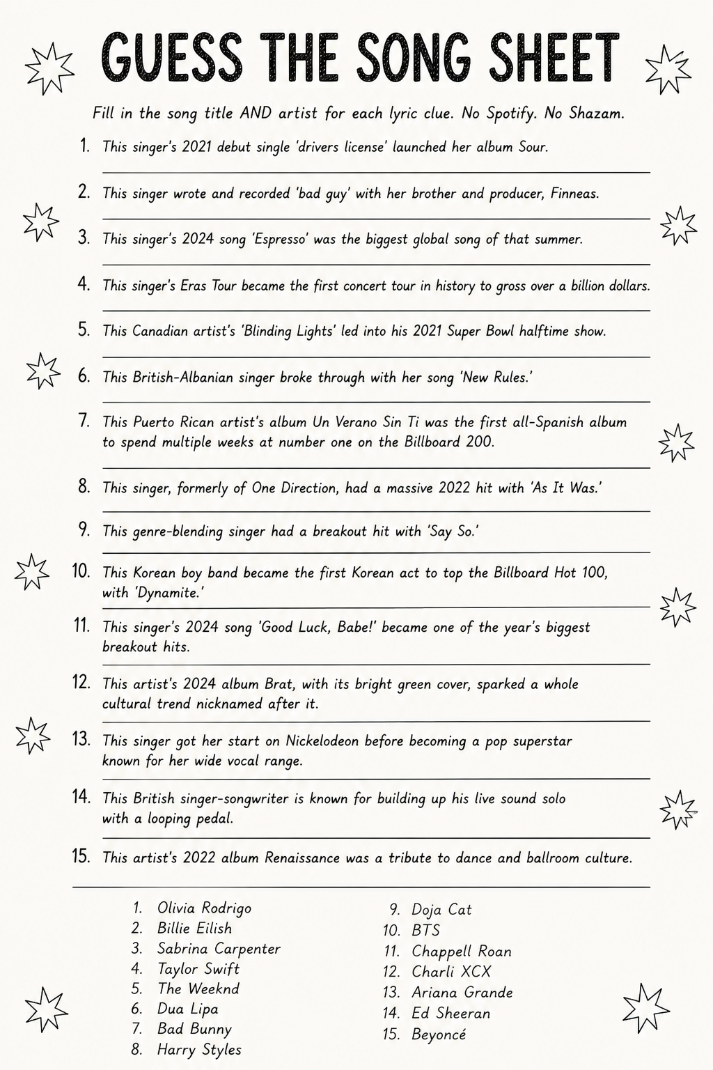 Guess the Song Sheet printable