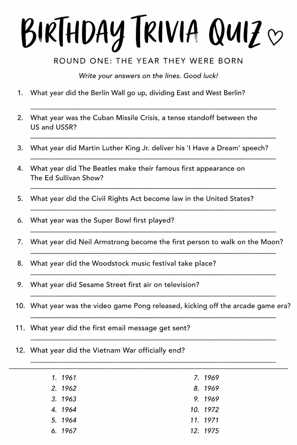Round One Quiz Sheet (Sheet 2) printable