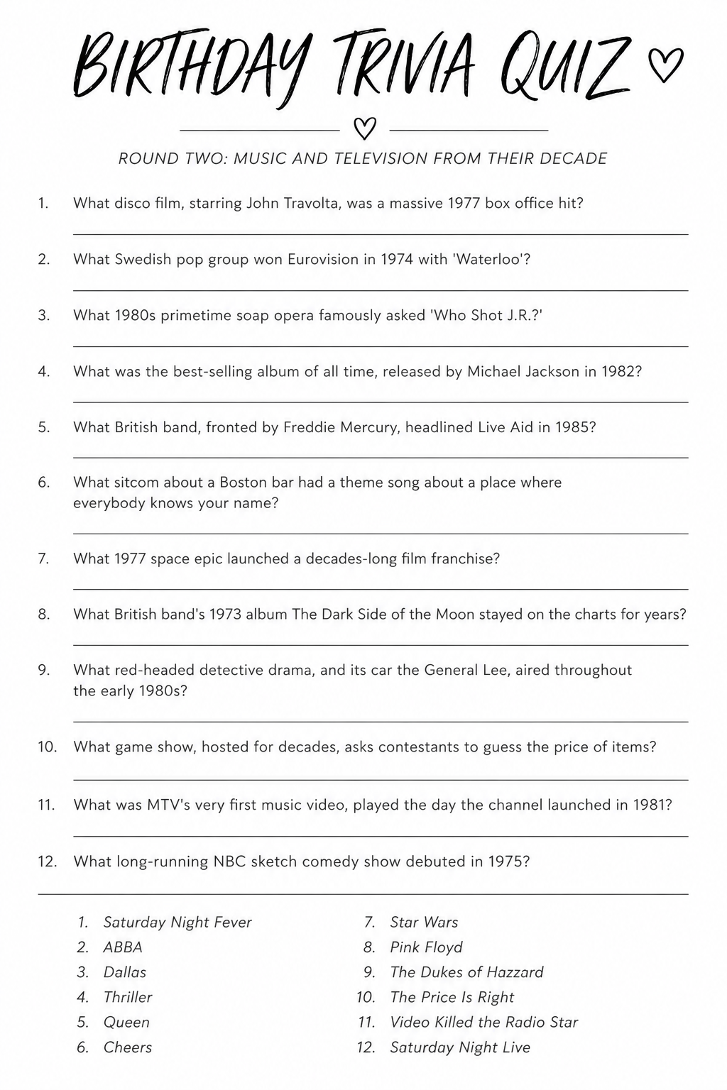 Round Two Quiz Sheet (Sheet 1) printable