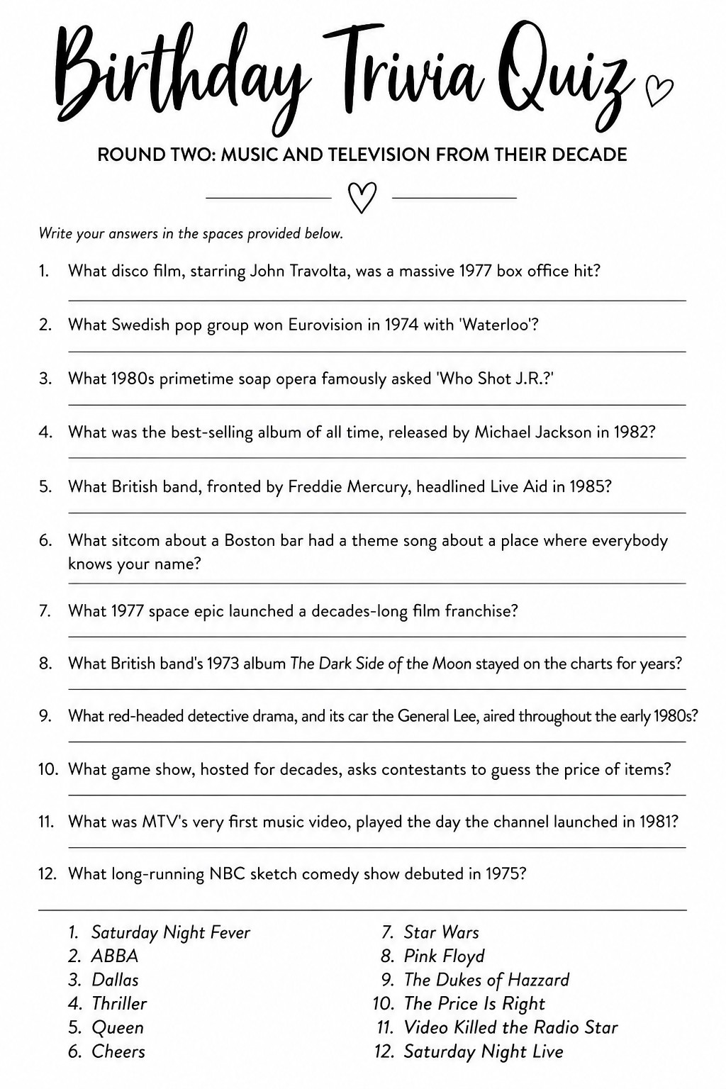 Round Two Quiz Sheet (Sheet 2) printable