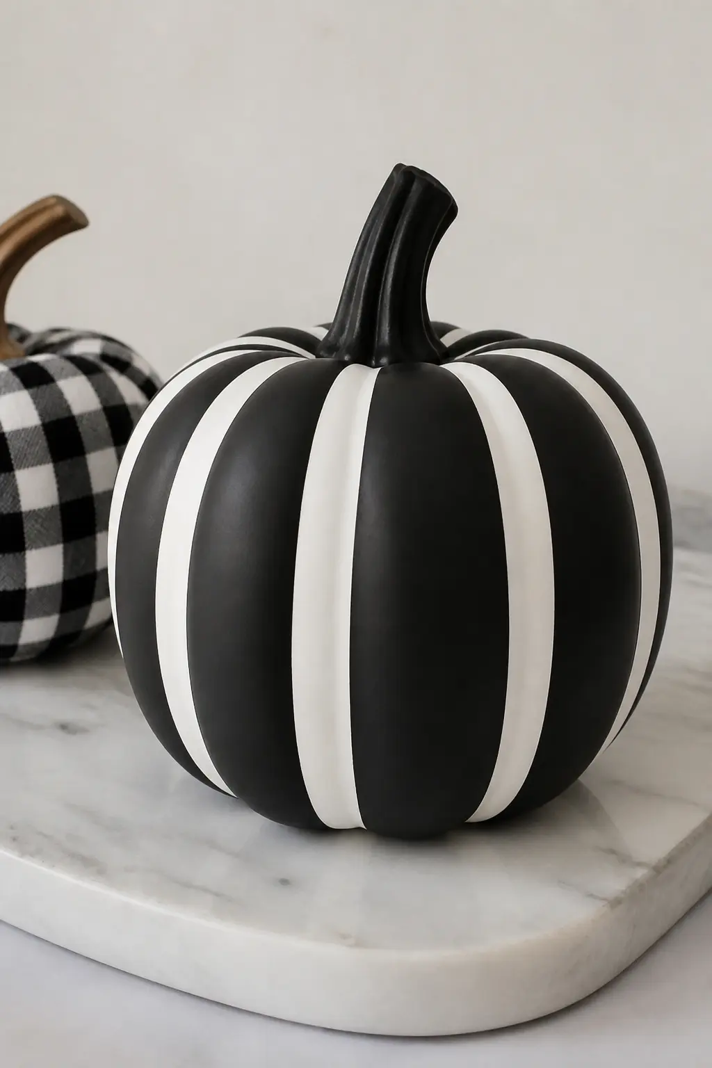 Black Base with White Stripes Reversed — Base coat the whole pumpkin in matte black, two coats minimum. Black and white painted pumpkin