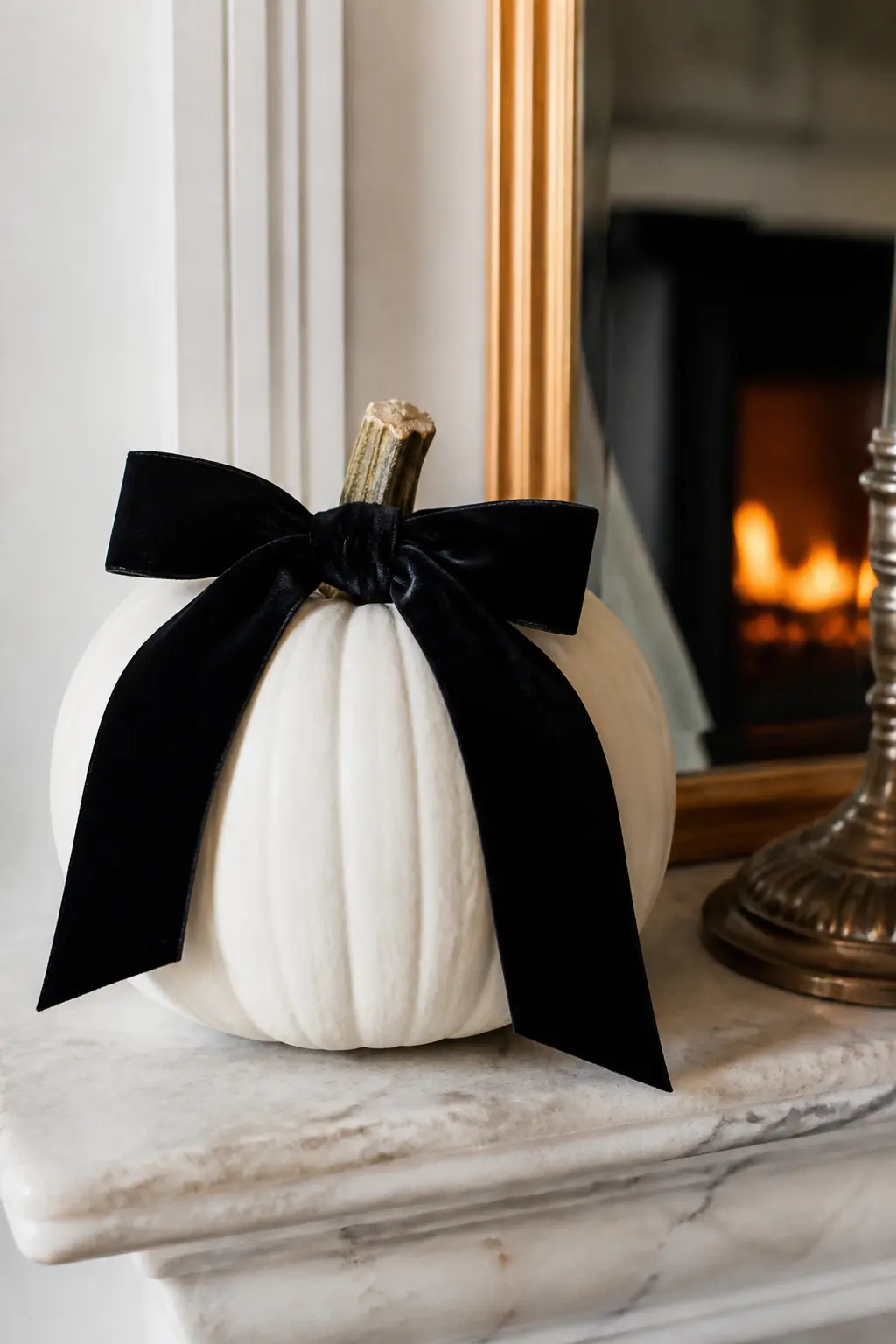 A Black Bow at the Stem of a White Pumpkin — Take a plain white pumpkin, painted or store-bought, and tie a wide black grosgrain or velvet ribbon into a bow at