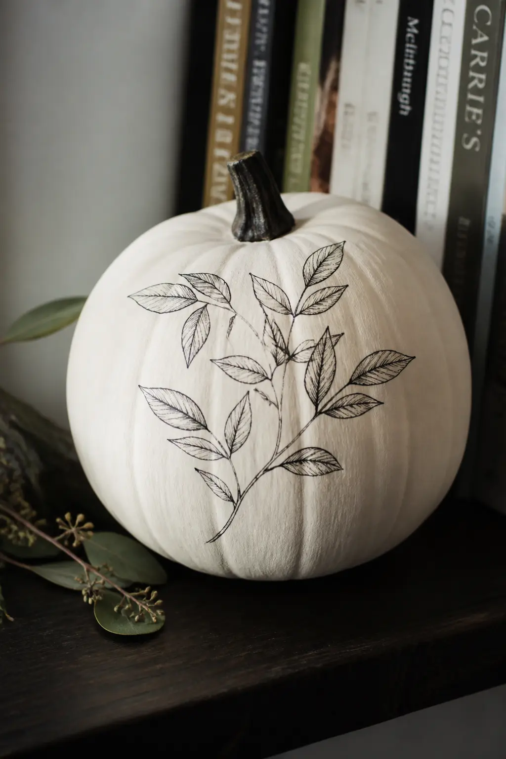 A Botanical Drawing in Fine Black Pen — Base coat in white, let cure for twenty-four hours, then draw directly onto the surface with a fine-point black