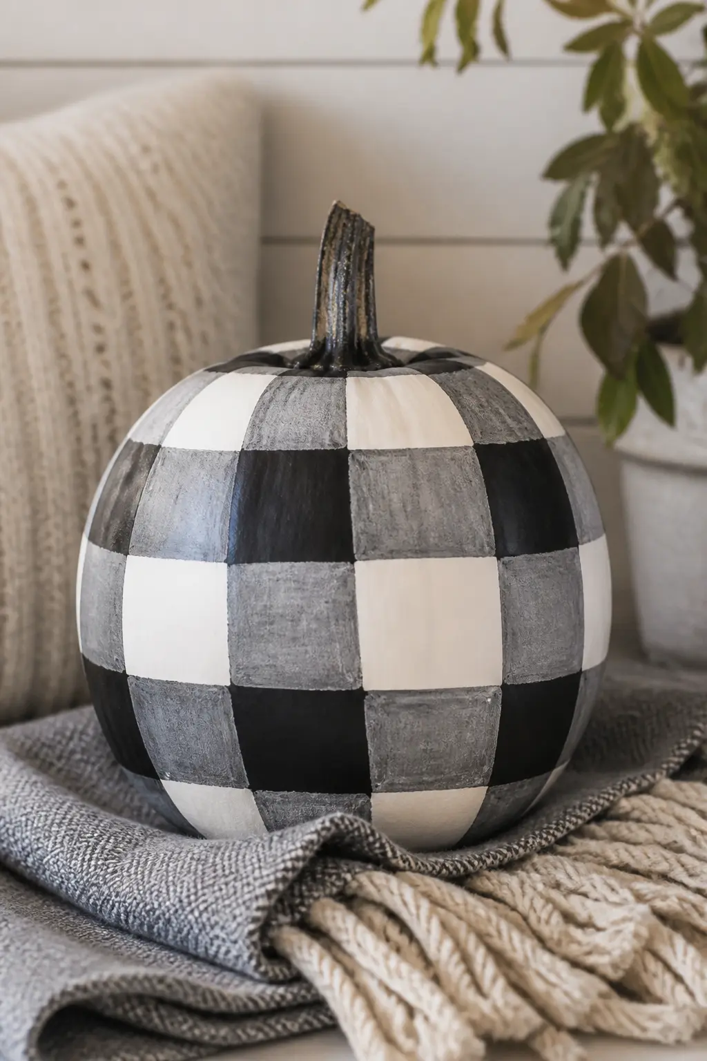 Buffalo Check in Large Squares — Buffalo check is a two-colour plaid built from large overlapping squares. Black and white painted pumpkin