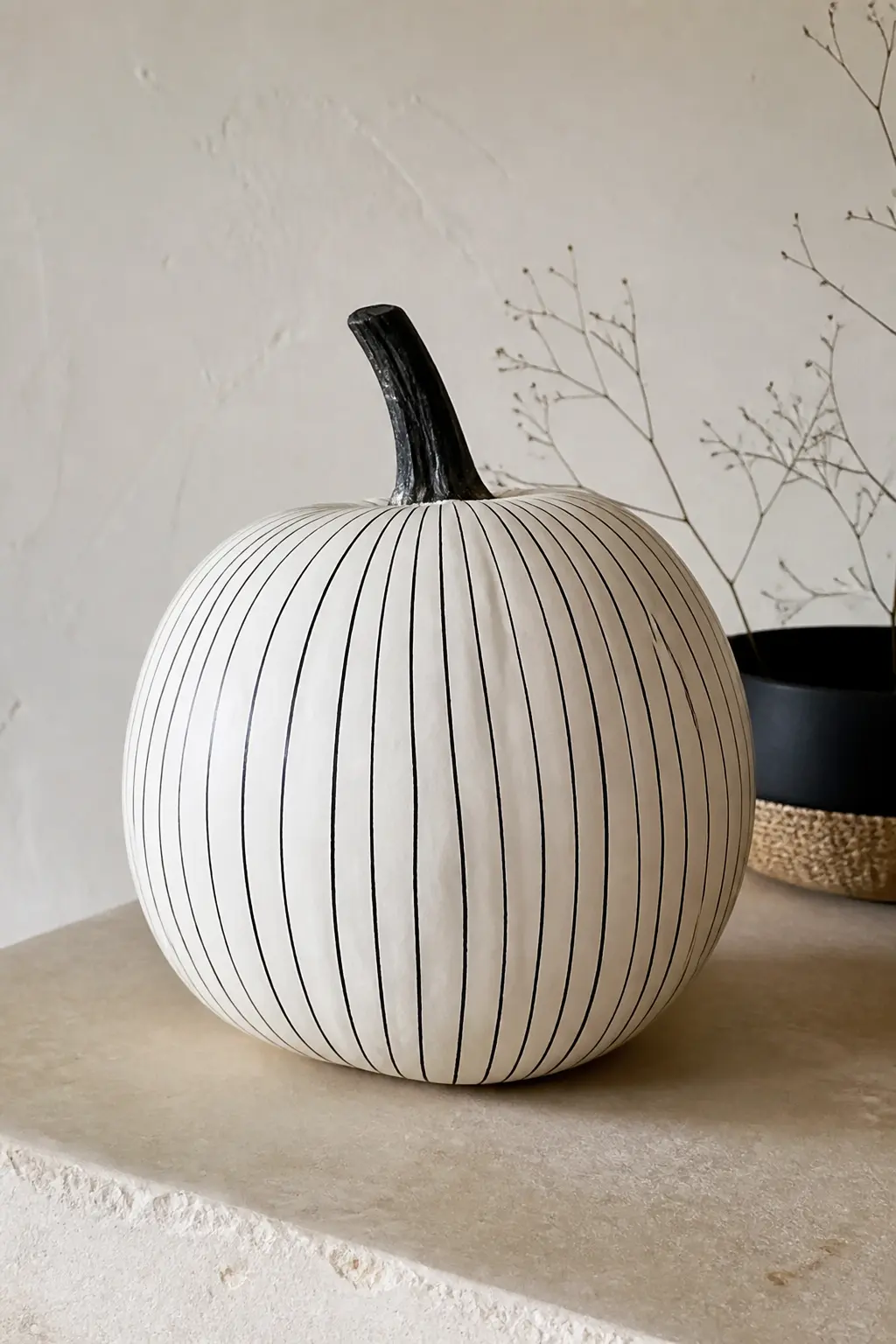 Fine Pinstripes on White — Start with two coats of white chalk paint on a natural pumpkin. Black and white painted pumpkin