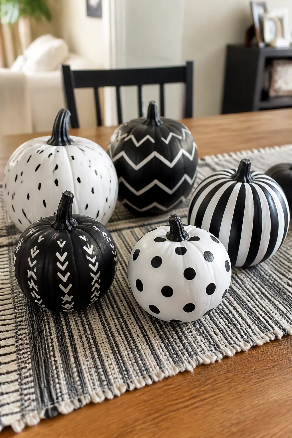 A Group Where Each Pumpkin Has a Different Pattern — Gather five to seven pumpkins in varying sizes and paint each one with a different pattern from this list