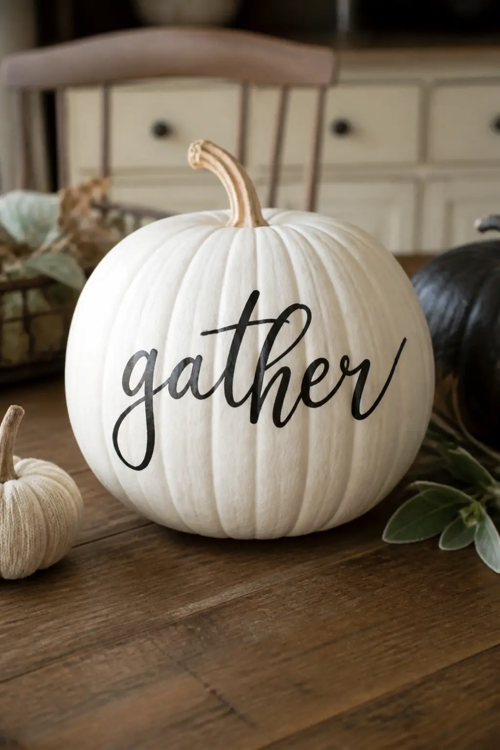Hand-Lettering Across the Front — Choose one word: gather, harvest, still, quiet, or simply the month name in small caps. Black and white painted pumpkin