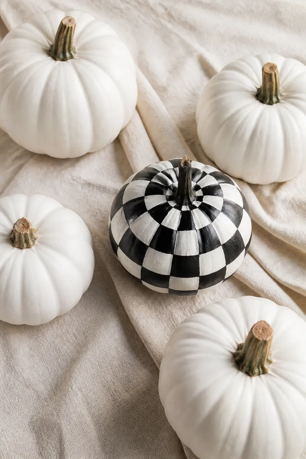 One Patterned Among Plain White Ones — Buy five plain white pumpkins and paint just one of them, whichever pattern you choose. Black and white painted pumpkin