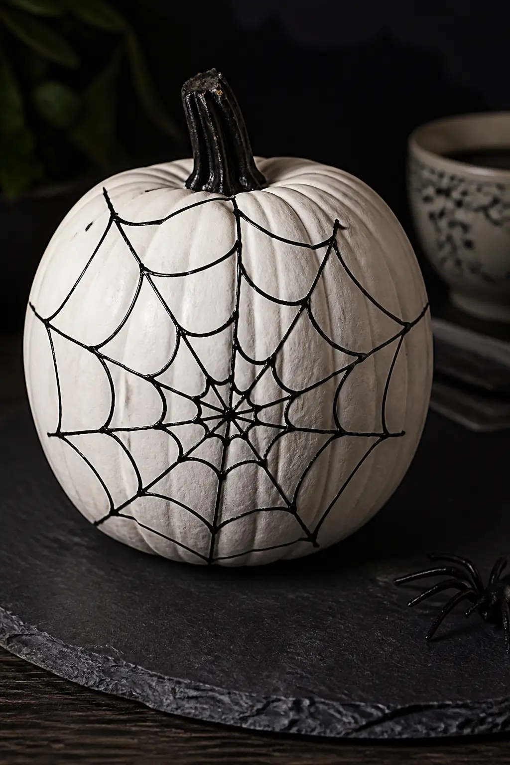A Spider Web in Fine Lines — Mark the centre point of the web and draw six to eight radiating lines outward from it with a paint pen. Black and white painted