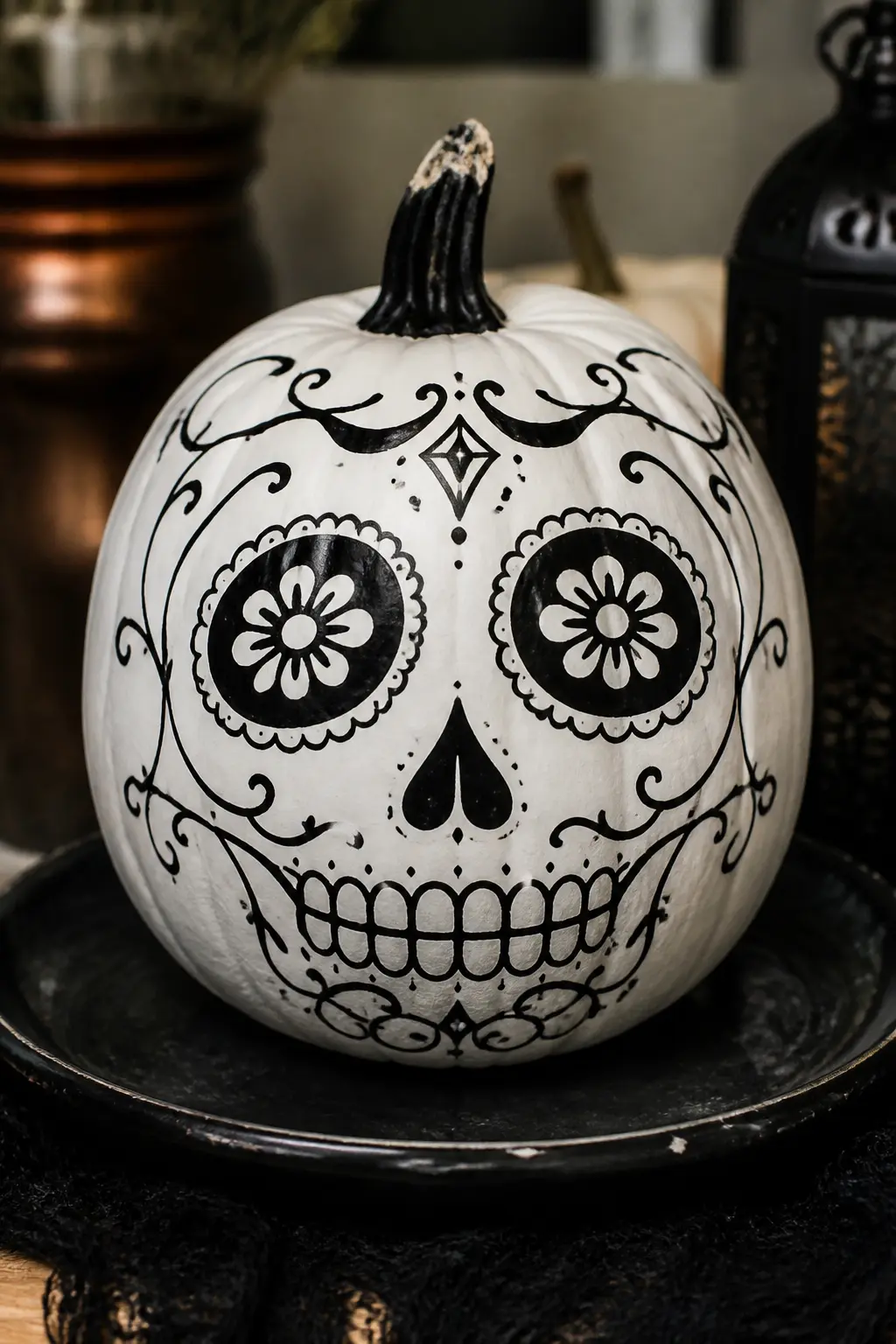 A Sugar Skull Face in Black Outline on White — Base coat in white. Black and white painted pumpkin