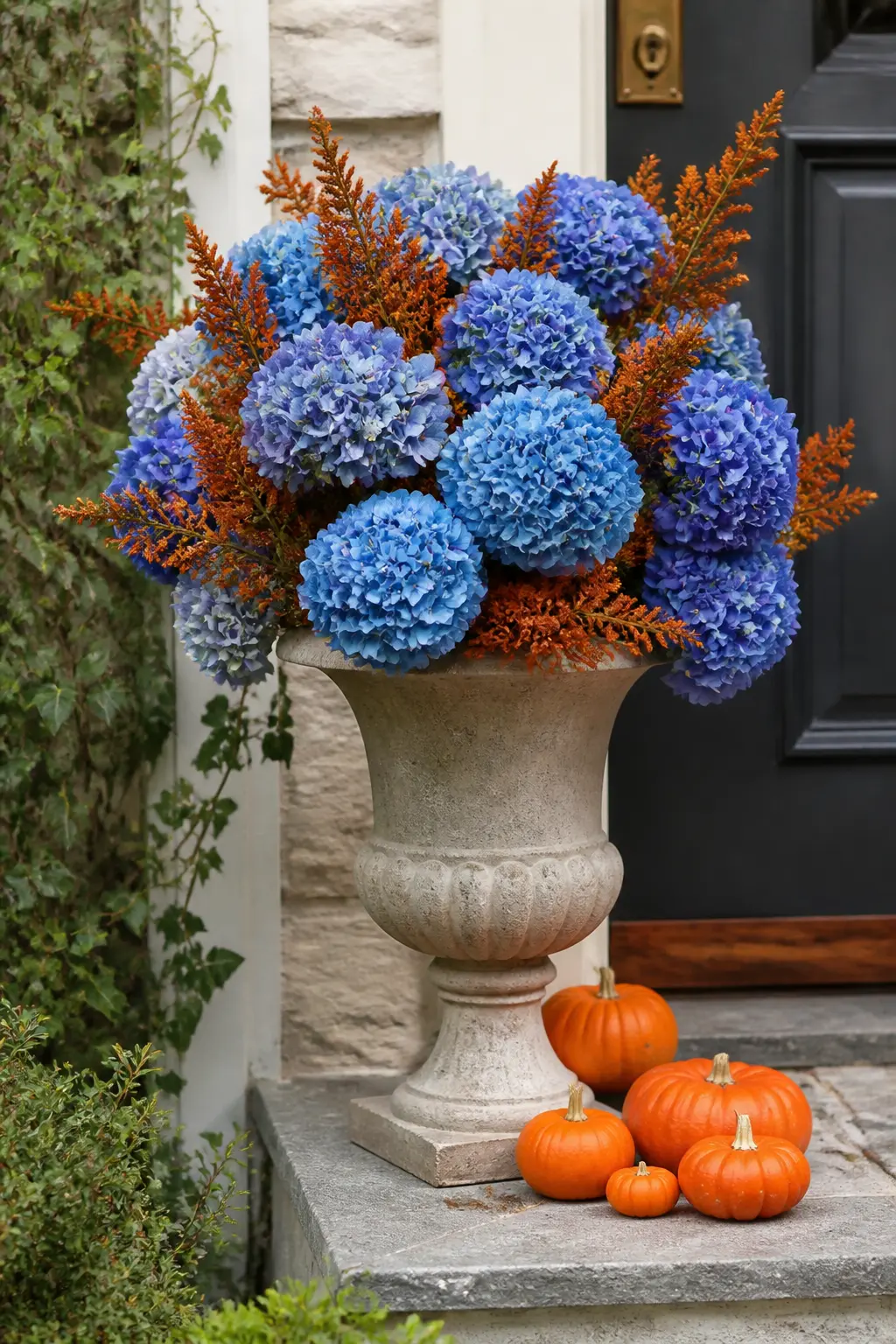 Blue Hydrangea and Mini Pumpkin Porch Urn — A tall concrete or ceramic urn gets the same treatment as a summer planter, just with different cargo. Blue and