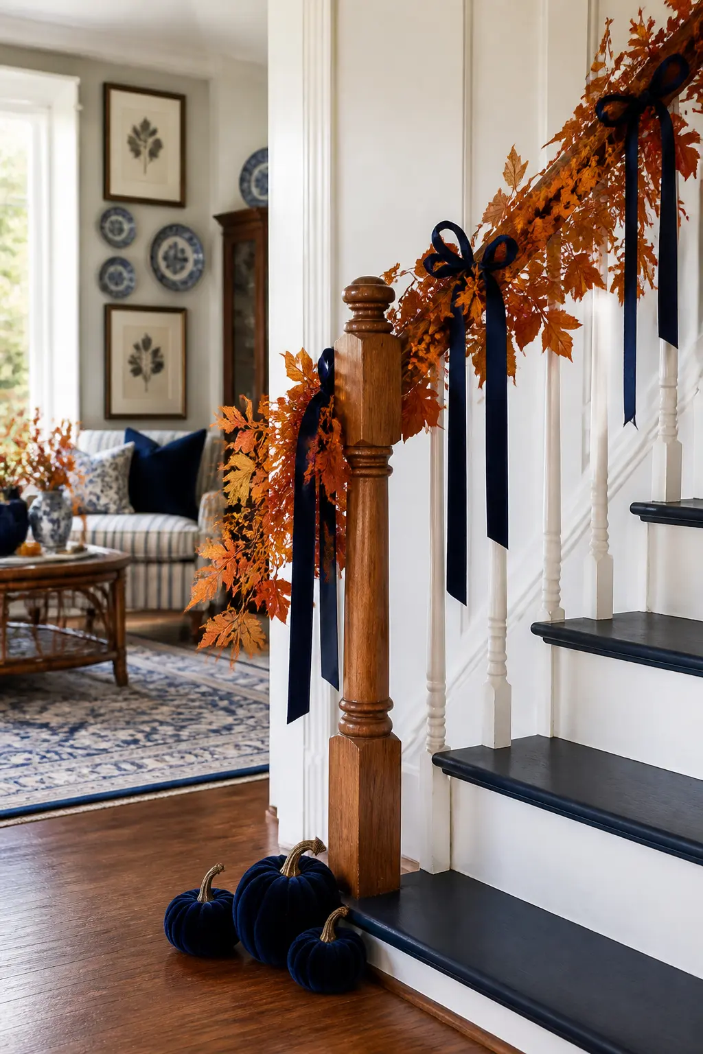 Blue and Orange Staircase Garland — A staircase banister is one of the most underused surfaces in autumn decorating. Blue and orange fall decor