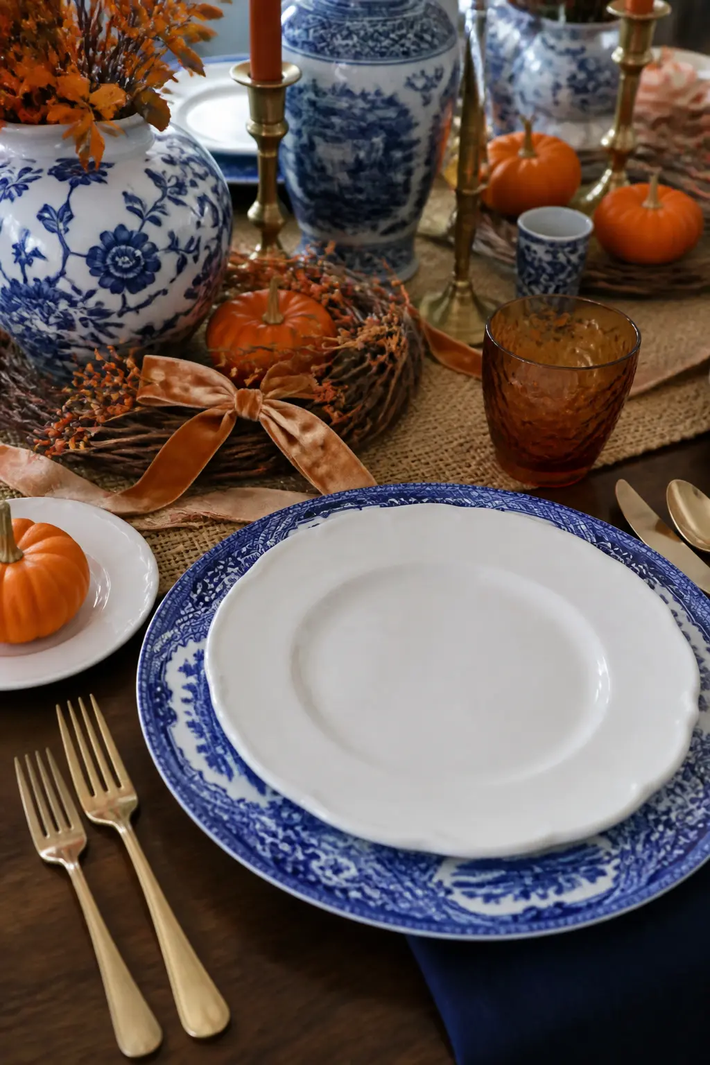 Blue Transferware Plate Charger Setting — Blue transferware charger plates, or even blue-and-white dinner plates used as chargers, give a table the kind of