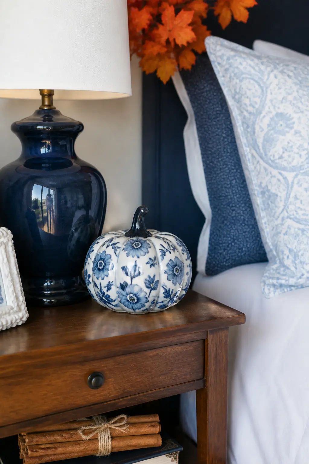Blue and White Ceramic Pumpkin on a Bedside Table — A single object on a bedside table works better than a styled vignette in most bedrooms because the surface