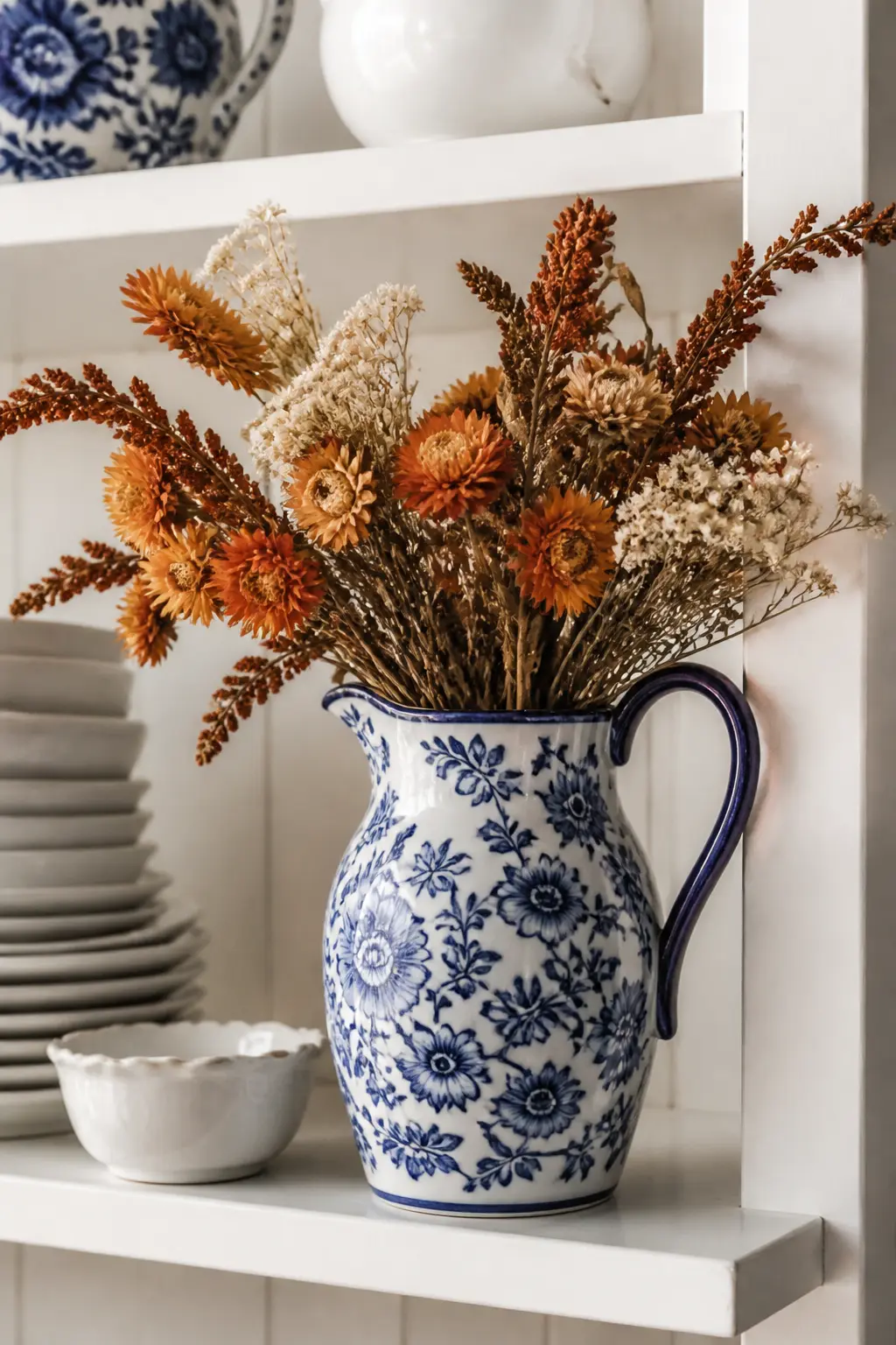 Blue and White Pitcher with Orange Dried Botanicals — A blue-and-white ceramic pitcher on an open kitchen shelf, filled with a loose arrangement of dried