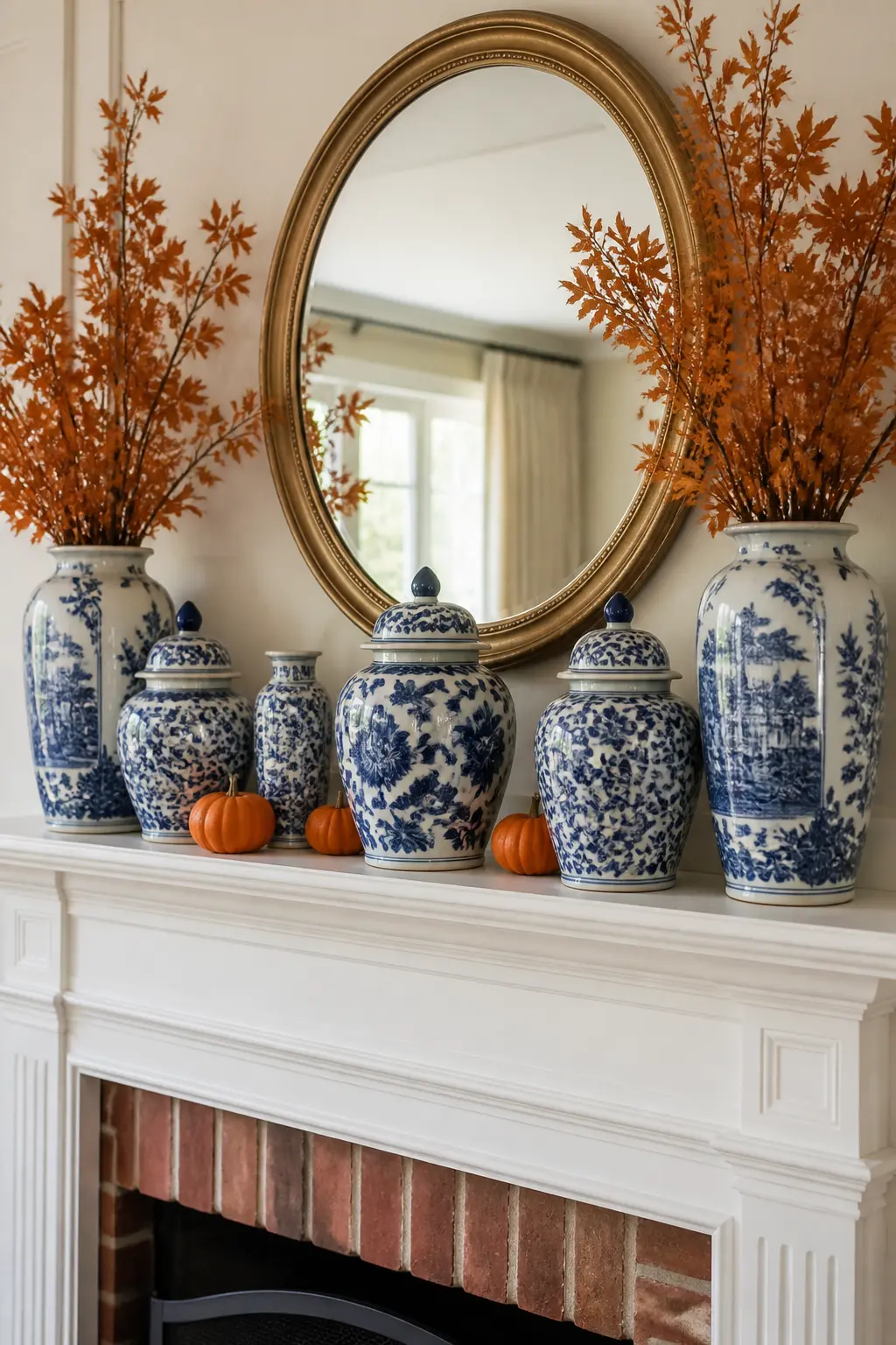 Chinoiserie Blue and White Vase Mantel Cluster — Collect four to six blue-and-white ceramic vases or jars in different heights and silhouettes, the mix matters
