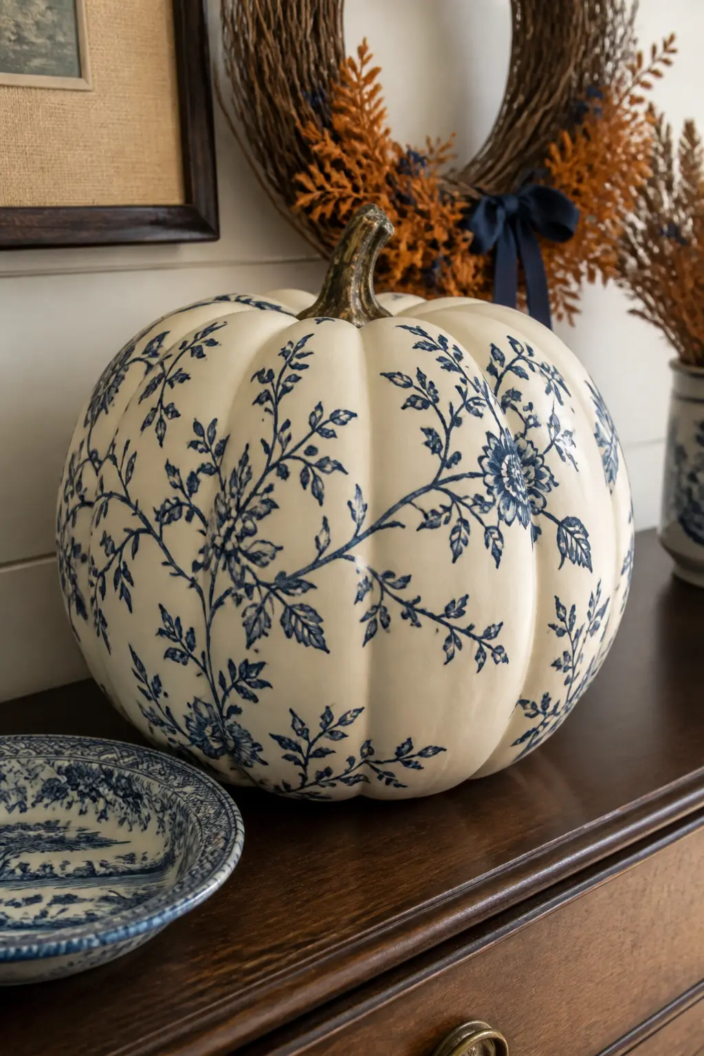 Chinoiserie-Painted Large Pumpkin — A large, smooth-skinned faux pumpkin in white or cream is the canvas. Blue and orange fall decor