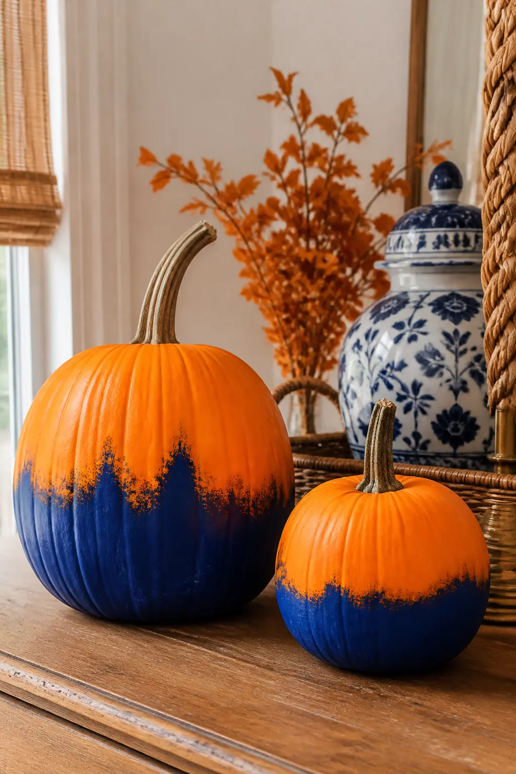 Cobalt Blue Dipped Base Pumpkin — Dip-painting is faster than it looks and harder to get wrong. Blue and orange fall decor