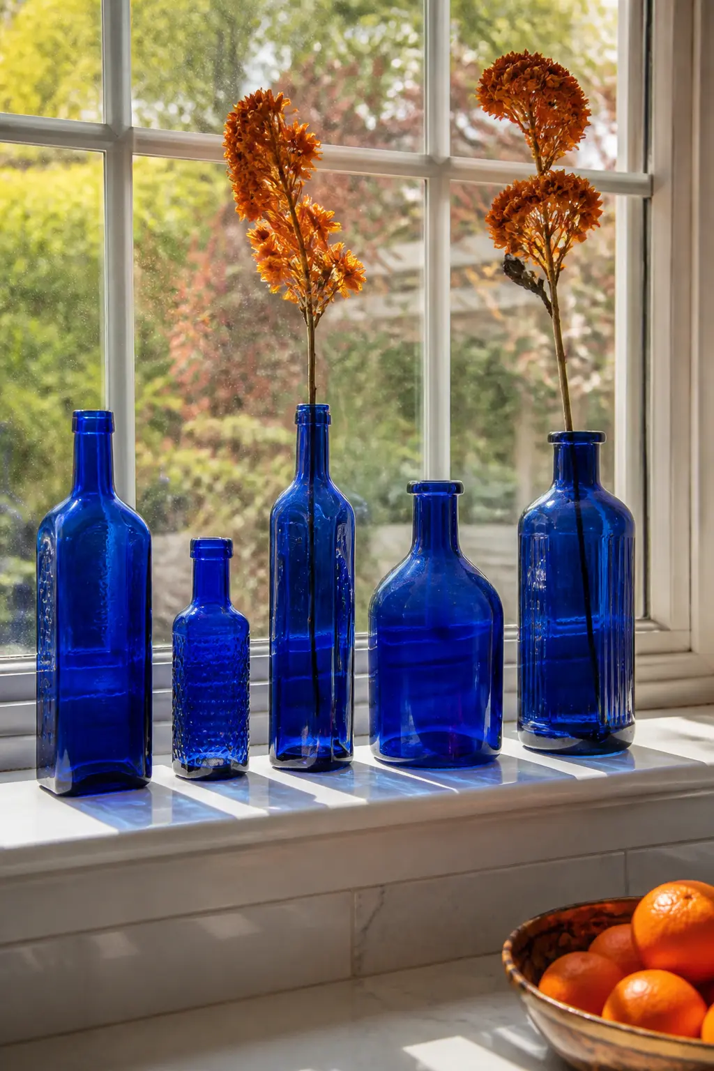 Cobalt Glass Bottle Collection as a Windowsill Vignette — A row of cobalt blue glass bottles and vases in different shapes, set on a windowsill where autumn