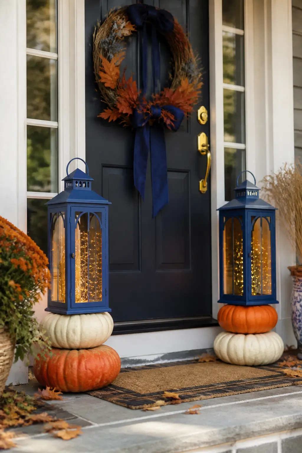 Cobalt Lantern Flanking the Front Door — Two matching lanterns in cobalt blue, one each side of the door, cut the need for complicated porch styling. Blue and