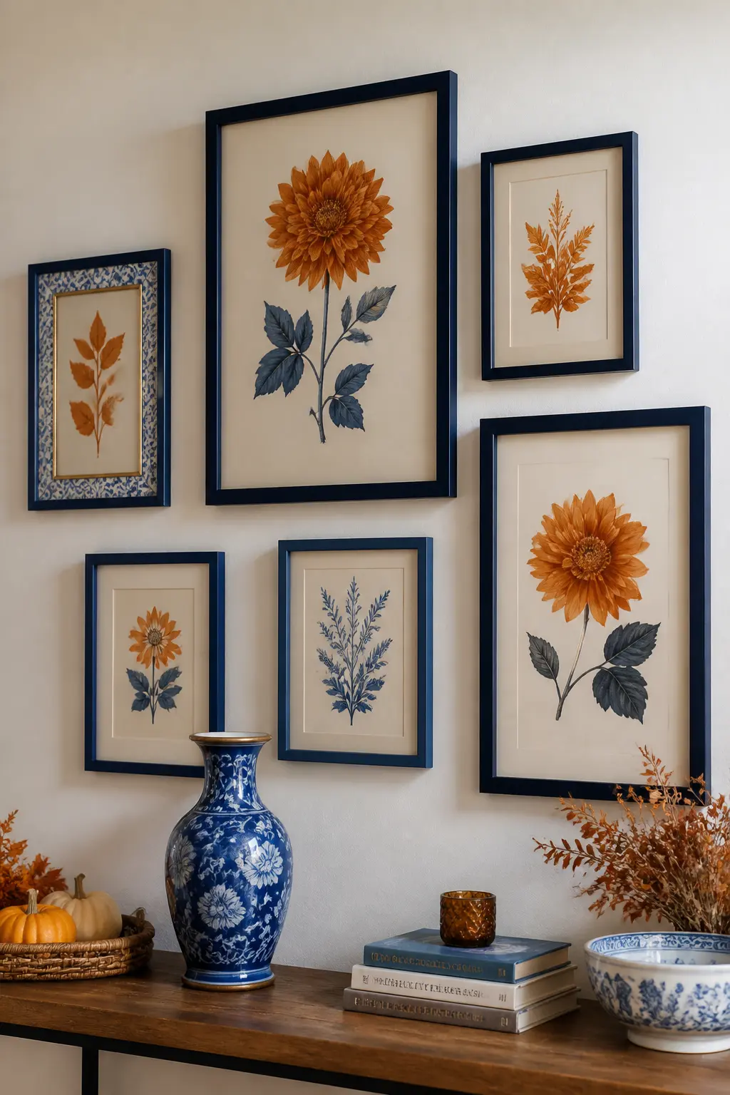 Cobalt and Orange Gallery Wall with Autumn Botanicals — A gallery wall does not need to be permanent to be worth doing. Blue and orange fall decor