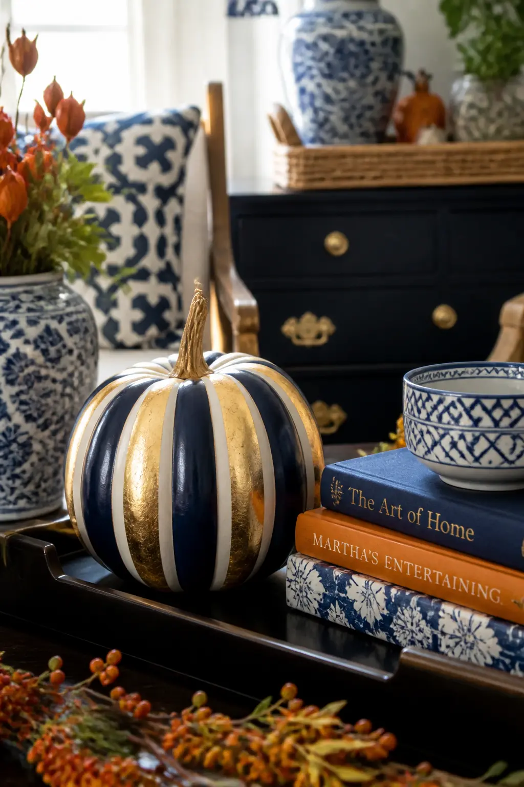 Gold Leaf and Navy Striped Pumpkin — Use painter's tape to mask off alternating vertical ribs of a medium white faux pumpkin. Blue and orange fall decor