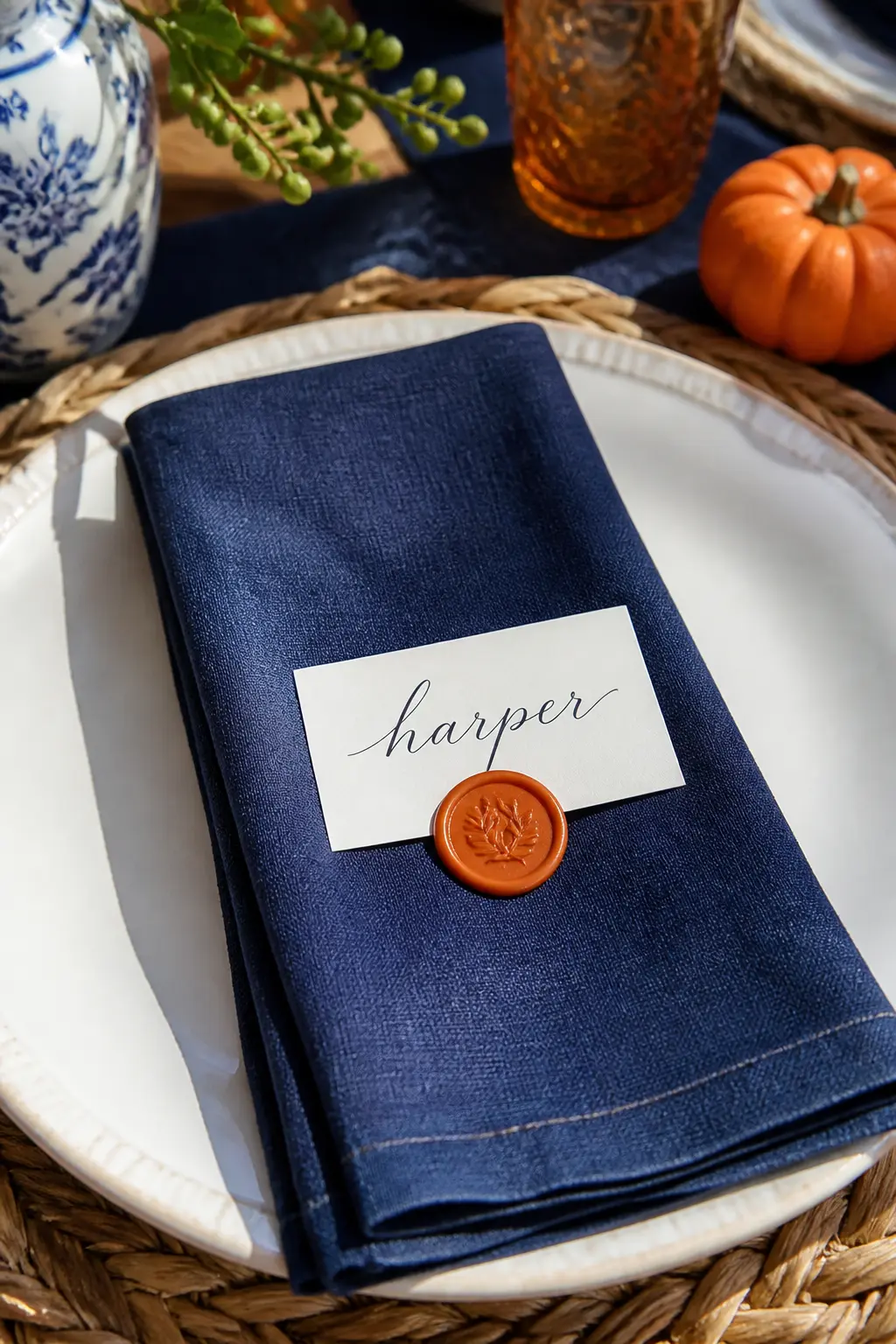 Indigo Linen Napkin with Orange Wax Seal Place Card — An indigo linen napkin folded simply into a rectangle, then topped with a small card sealed with an