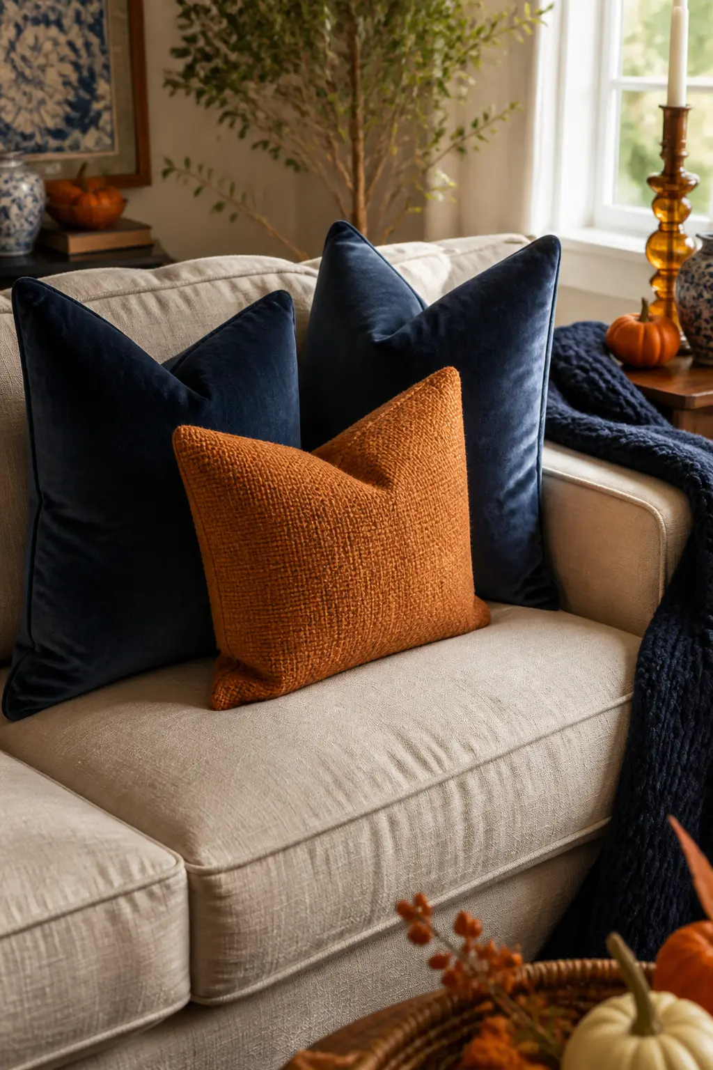 Indigo Velvet Pillow Cluster on a Neutral Sofa — The easiest living room swap is the one you already have: cushions. Blue and orange fall decor