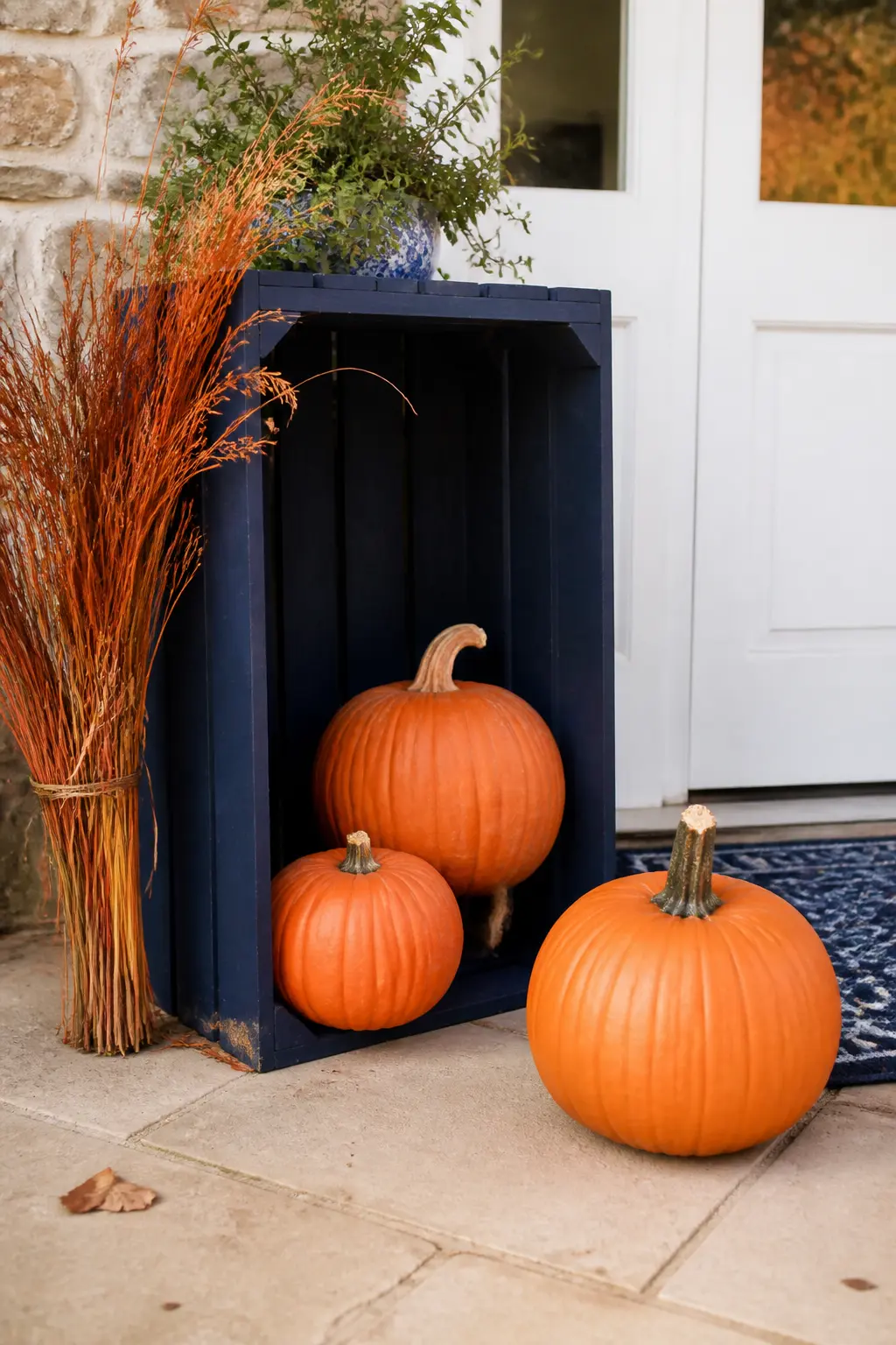 Indigo-Stained Wooden Pumpkin Crate Display — A standard wooden crate, stained or painted in a deep indigo or navy blue, set on its side or upright, becomes a