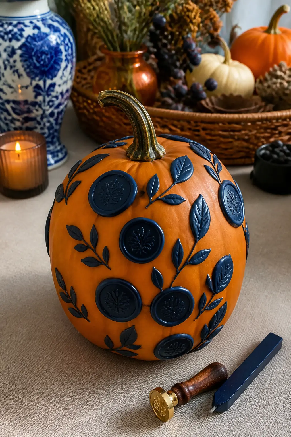 Monogram Wax Seal Pumpkin — Press navy blue wax seals, the kind used on envelopes, directly onto a smooth-surfaced orange or white pumpkin. Blue and orange