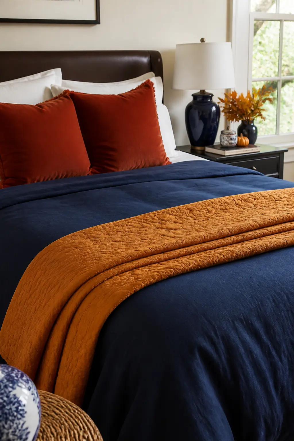 Navy Bedroom Duvet with Amber Quilt Fold — A navy duvet cover, full or king, already contains the dominant colour. Blue and orange fall decor