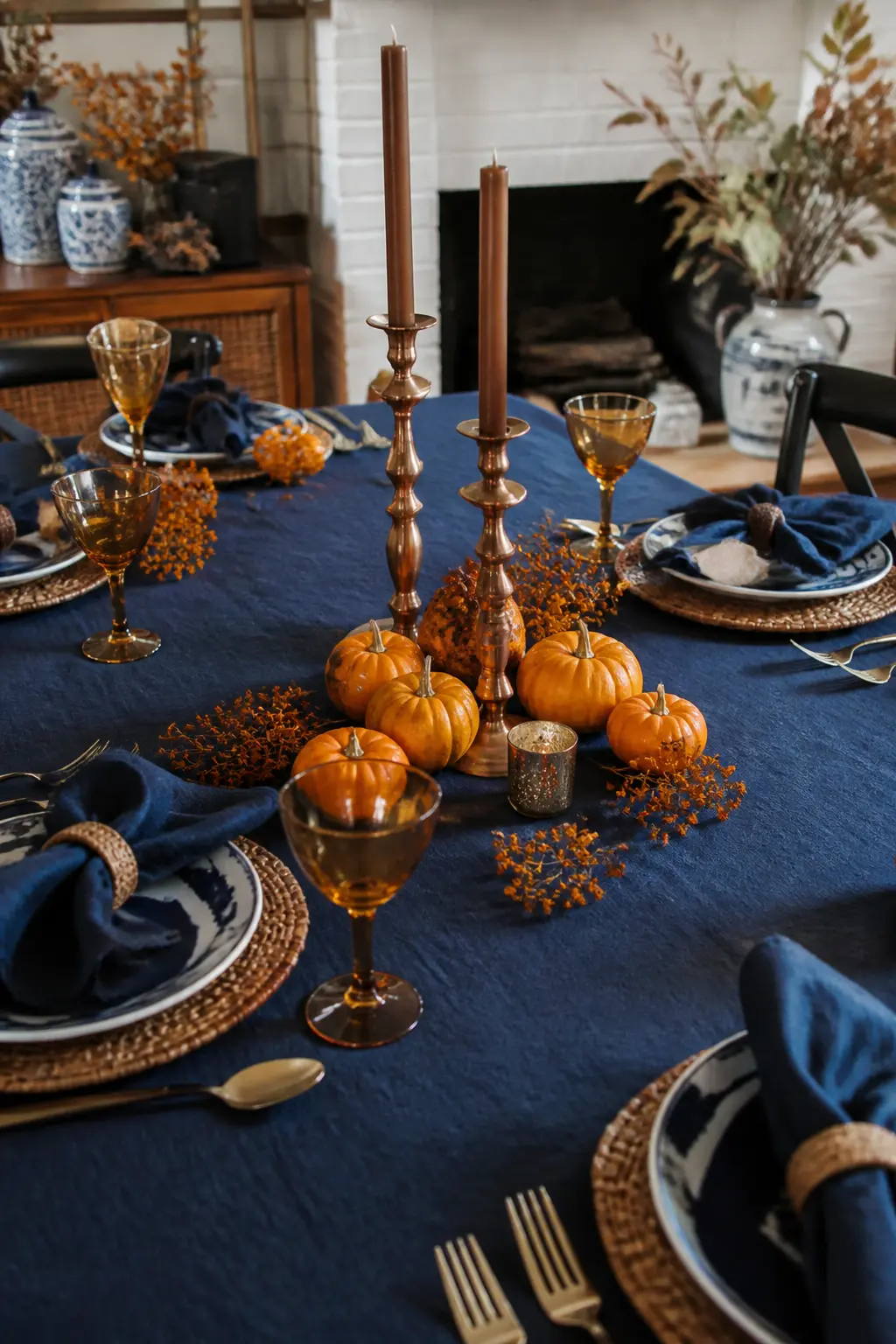 Navy Linen Tablecloth with Copper and Orange Centrepiece — A navy linen tablecloth is the table equivalent of a clean wall: everything you put on it looks more