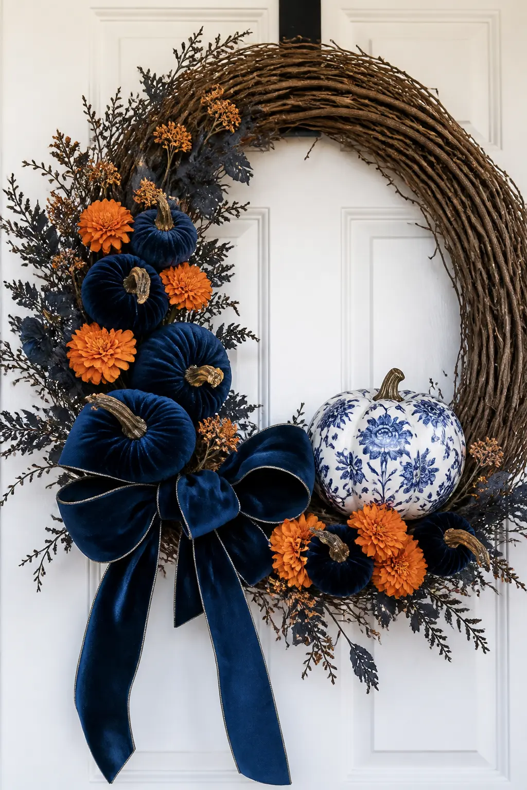 Navy Velvet Bow Wreath with Chinoiserie Pumpkin — Start with a full grapevine base, at least 24 inches, so the bow has something substantial to anchor to. Blue