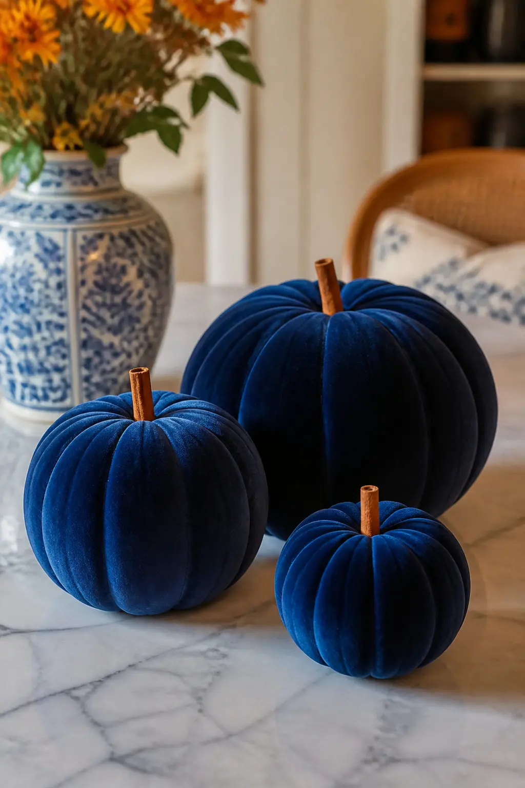 Navy Velvet Fabric-Wrapped Pumpkin — No paint required. Blue and orange fall decor
