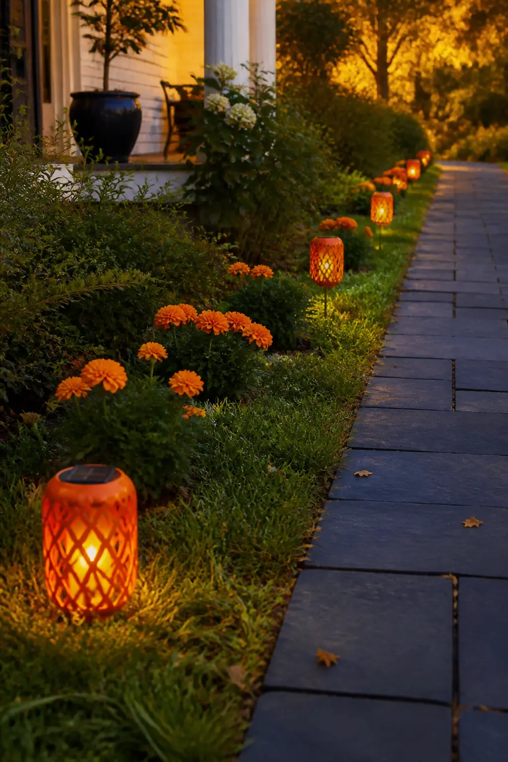 Orange Lantern Pathway with Blue Stone Edging — Line a garden path or driveway edge with small orange solar lanterns, set directly on the ground every four